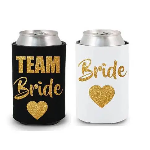 

set of 9 custom Glitter wedding TEAM BRIDE Drink Coolers Bachelorette Survival Kit bridal shower Hen night Bottle Can Holders