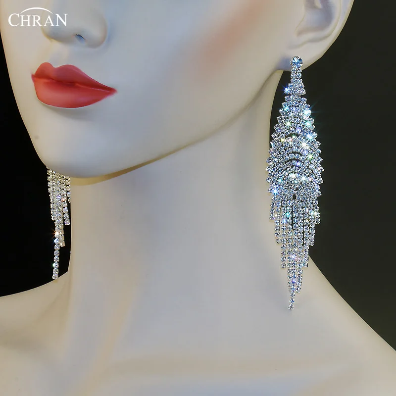 CHRAN Fashion Women Luxury Silver Plated Rhinestone Chandelier Dangle Long Tassel Earrings for Bridesmaid Wedding Party Jewelry