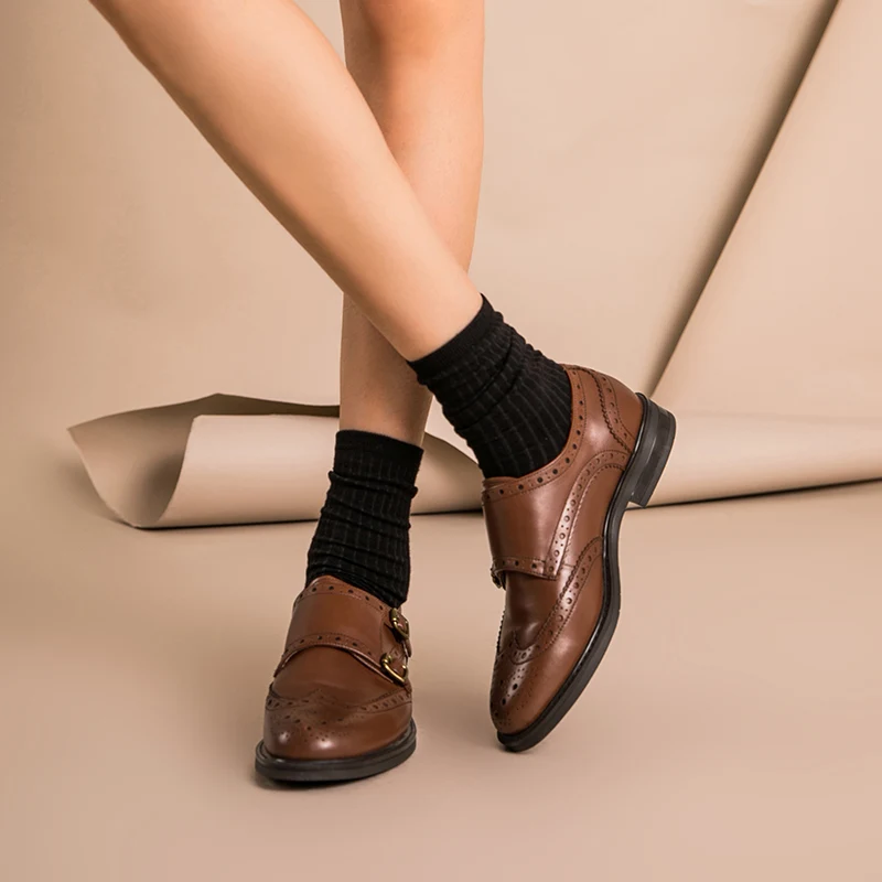 BeauToday Monk Shoes Women Calfskin Genuine Leather Buckle Strap Brogue Style Round Toe Casual Ladies Flats Handmade A21408