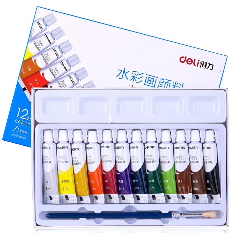 Deli 12/18/24 Colors Water Color Pigment Paint Brush Set Portable Art Artist Student Drawing Painting Watercolor School Supplies