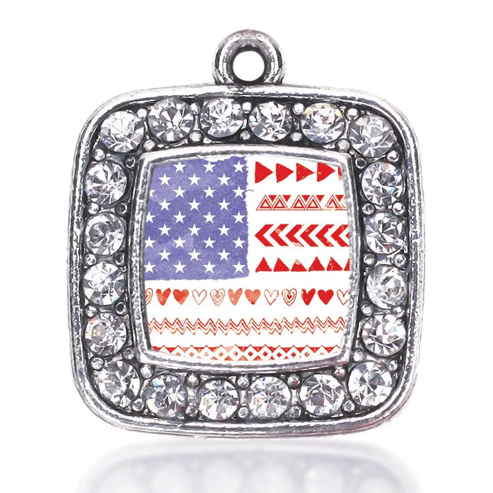 AMERICAN FLAG - CUTE CIRCLE CHARM ANTIQUE SILVER PLATED JEWELRY