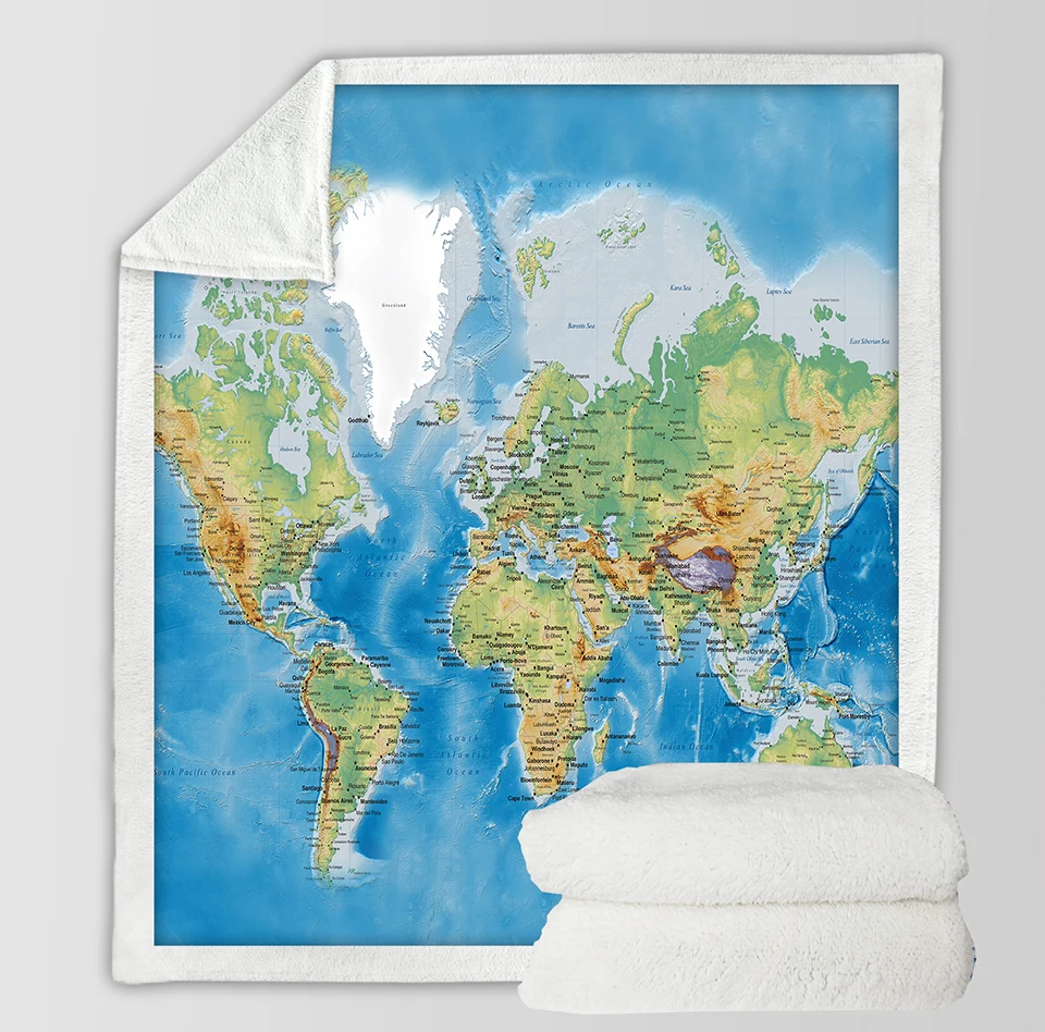 

Blue World Map Sherpa Throw Blanket Vivid Carton Printed Sherpa Fleece Blanket Super Soft Cozy Velvet Plush Throw Blanket