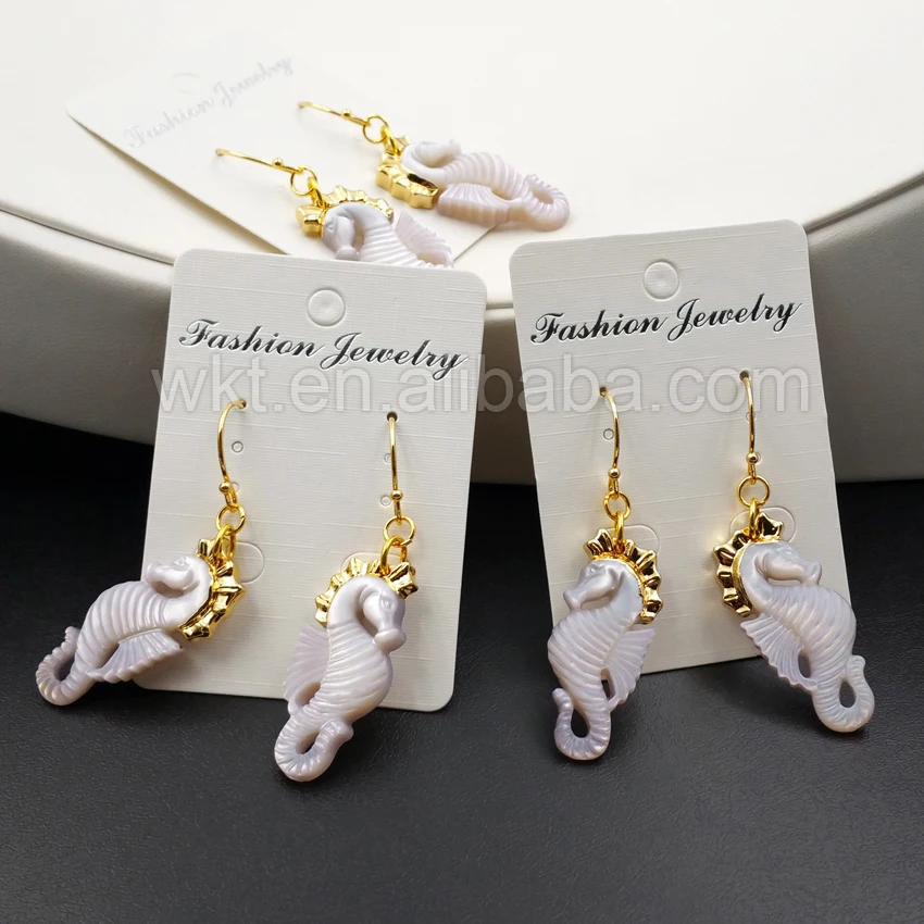 WT-E311 Wholesale High Quality Sea Horse Earrings Unique Design Shell With 24K Gold Color Hippocampe Jewelry 15*35mm