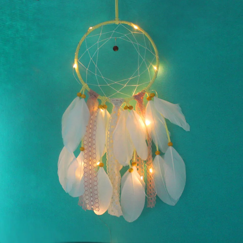 

LED light Handmade Dream Catcher With Feathers Wall Hanging Ornament White