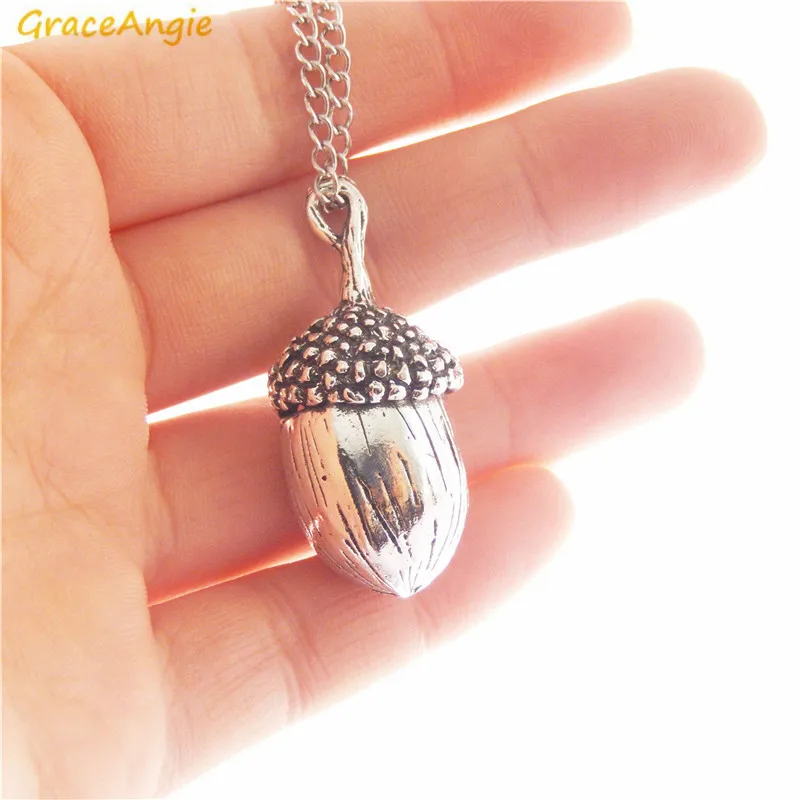 GraceAngie Alloy Silver Color 3D Acorn Pendant Necklace Metal Link Chain Punk Women Men Long Sweater Chain Jewelry Accessory