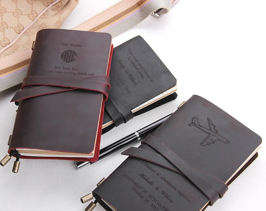 Refillable Leather Travelers Notebook - Personalized Travel Diary sketchbook - Custom Text Leather Journal Writing Notebook