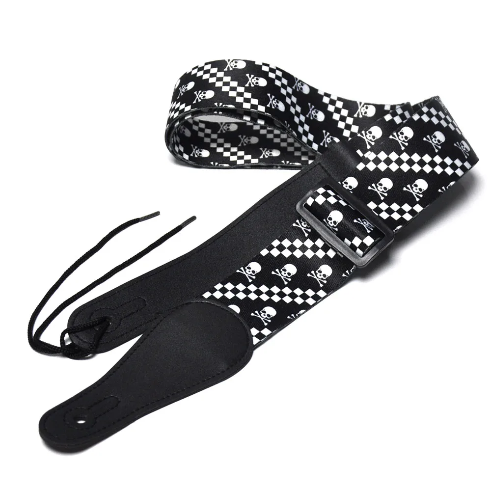 175cm Long 5cm Wide Black Guitar Bass Strap White Skull Checked Square Polyester w/ Leather Head Adjustable