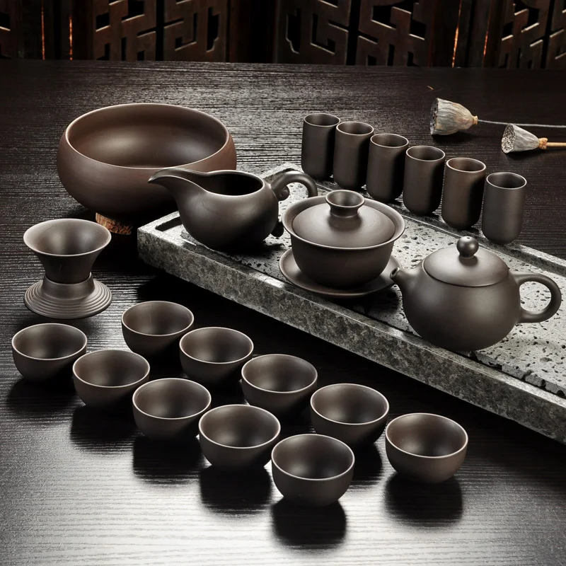 Yixing Purple Sand Tea Set Black/Red Ceramic Kung Fu Teapot Handmade Teacup Gaiwan Tureen Tea Ceremony (Not Include Stone Table)