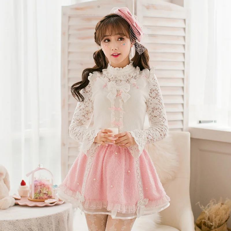 Princess sweet white sweate Candy rain bow decoration embroidery  Japanese design hollow out lace shirt winter C16CD6216