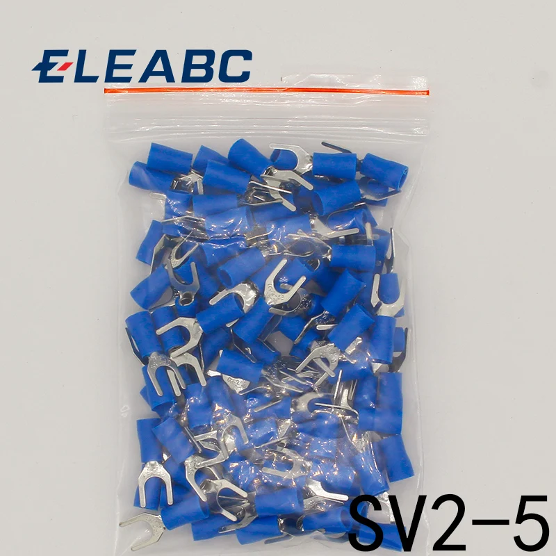 SV2-5 Blue Furcate Insulated Wiring Terminals Cable Wire Connector 100PCS/Pack Insulating Cable Lug terminals SV2.5-5 SV