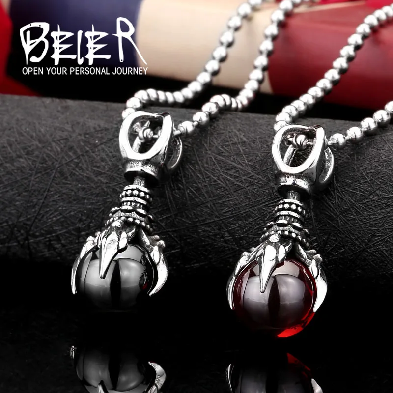 Beier new store 316L Stainless Steel Fashion Claw Stone Necklace Pendant With Red/Black Stone LLBP8-122P