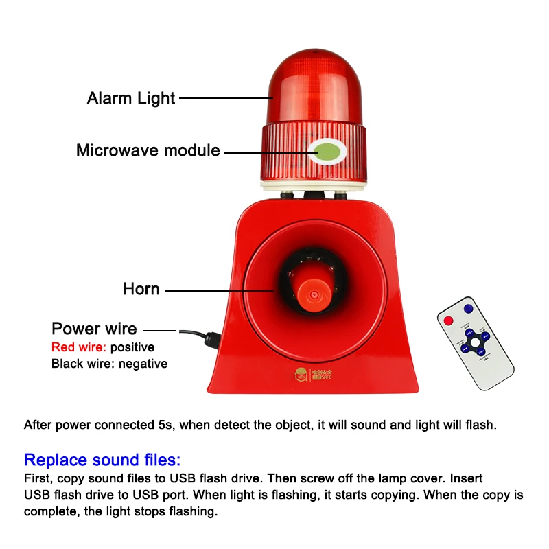 Przemysłowy bezprzewodowy mikrofalowy czujnik ruchu dźwiękowe wizualne urządzenie alarmowe LED kogut oświetleniowy sygnalizator świetlny z portem USB