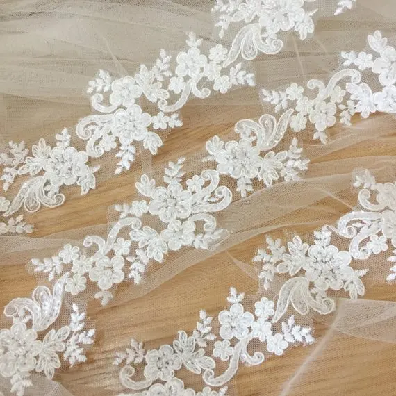 5 Yards Thin Pearl Beaded Lace Trim in Ivory , Bridal Veil Straps for Wedding Sash, Headband Jewelry Costume Design