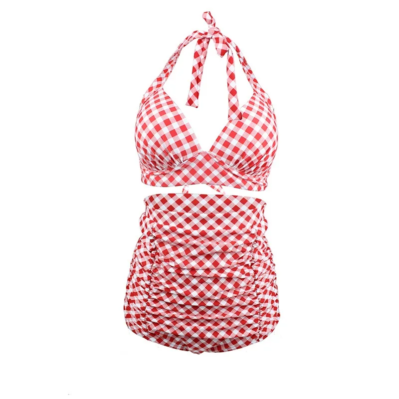 2018 wysokiej talii strój kąpielowy Plus rozmiar stroje kąpielowe Retro 50s Vintage karnawał kraty klasyczne Bikini Sete stroje kąpielowe strój