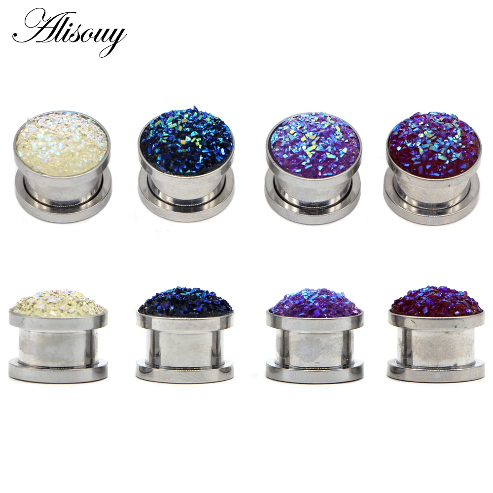 Alisouy 1Pair Anodized 316L Stainless Steel Screw Fit Ear Tunnel Plug Gauge Expanders Earlet Piercing With Synthetic Druzy