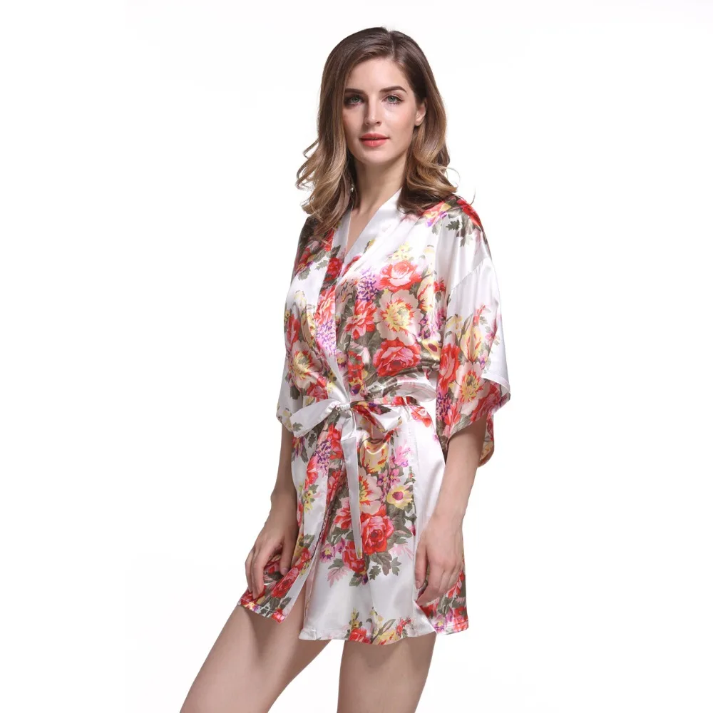 Bata de dama de honor para mujer, Kimono corto de satén, ropa de dormir, sexy, Floral, de seda, para novia