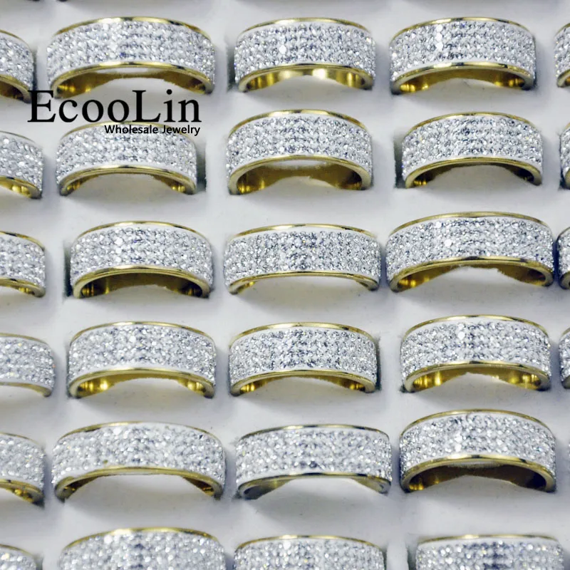 

50Pcs EcooLin Brand Gold and Silver Sky Stars Full Zircon Stainless Steel Rings For Women Fashion Jewelry Lots Bulk LR4034