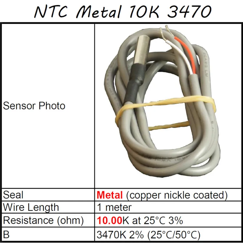 NTC temperature sensor, Metal sealed, 10.00K ohm at 25C, B=3470K (25C/50C), Wire length 1 meter, Lilytech