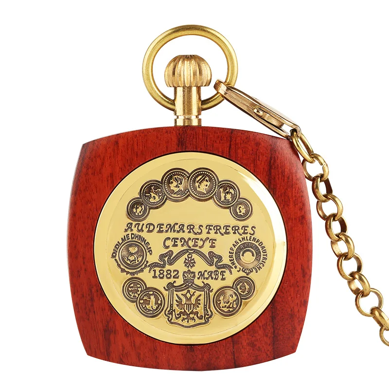 Retro Unique Royal Red Wooden Bamboo Hand Winding Mechanical Pocket Watch Square Dial with 30cm Gold Chain Men Hour Clock Gifts