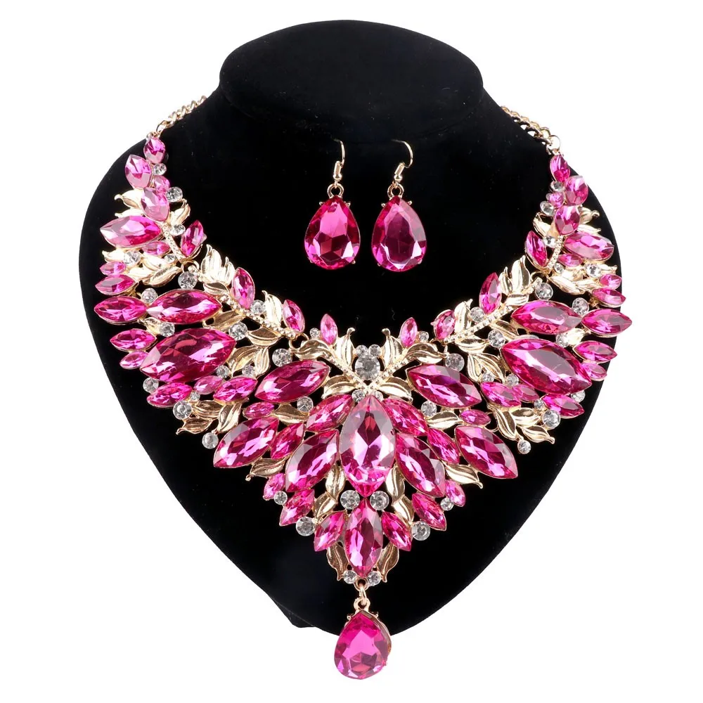 Fashion Bridal Costume Crystal Choker Necklace For Women Statement Necklaces Earring Collar Boho Jewelry Sets 7 Colors