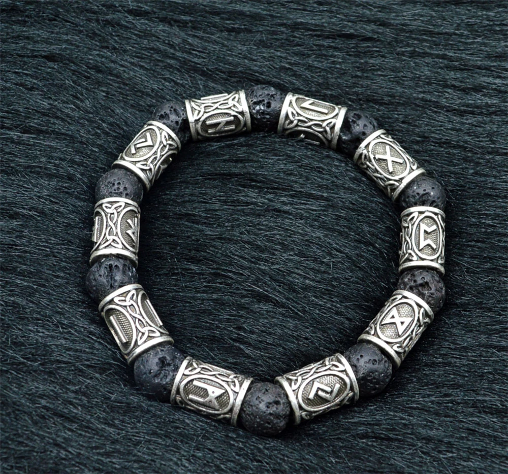 Natural Black Bracelet Trendy Retro Alloy Viking rune Lava stone Beads Bracelet For Men Women Bangle Jewelry Personality Gift