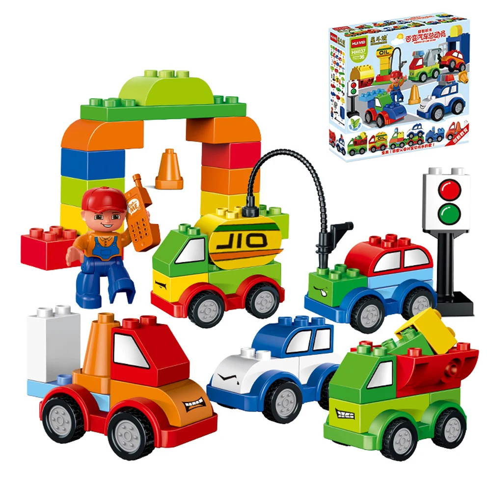 52pcs Large Particles Duploed Creative Cars Variety of Car Story Building Blocks Traffic DIY Car Bricks Kids Toys For Children