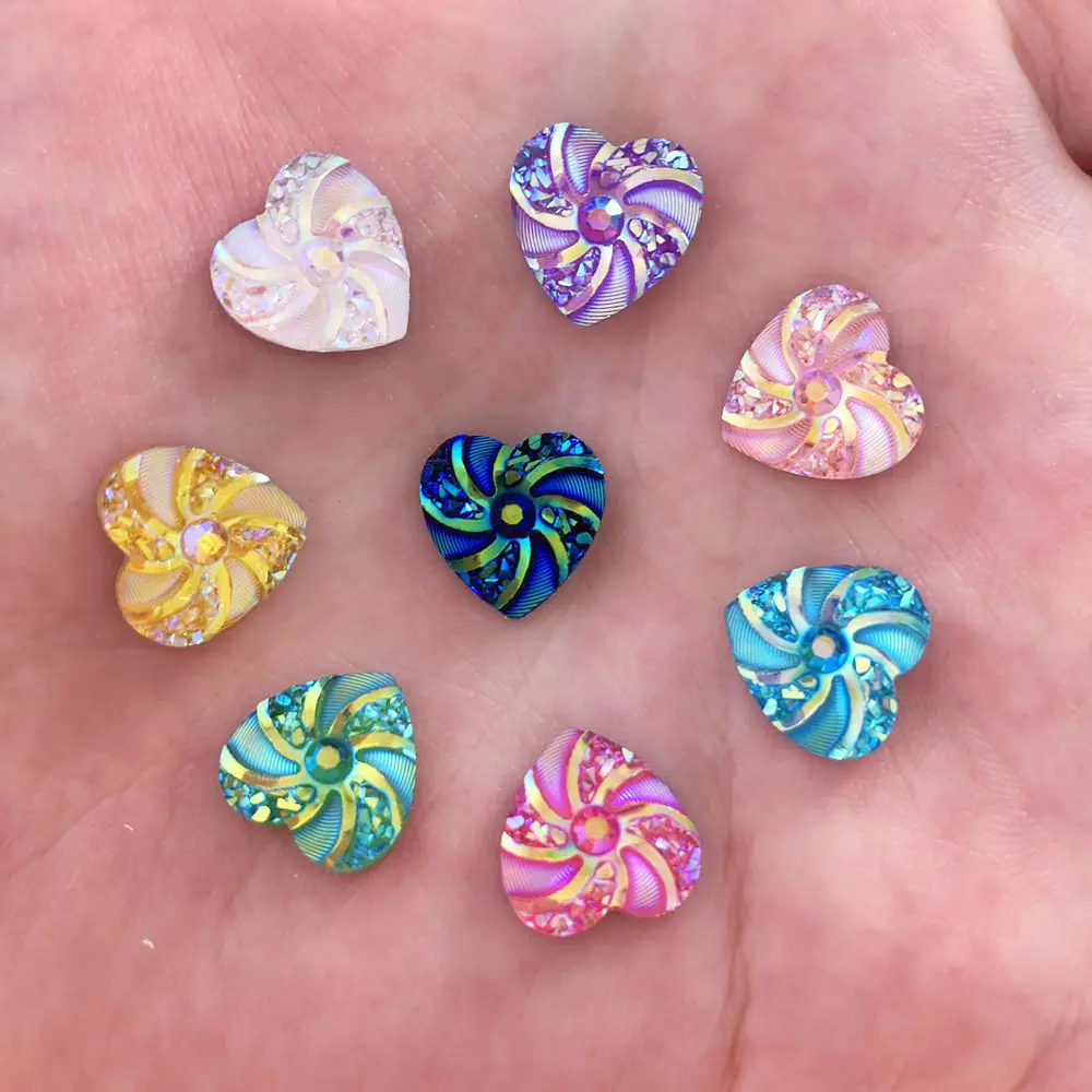 New 40pcs AB Resin 12mm Heart Flatback Cyclone Rhinestone Wedding Buttons Crafts R58