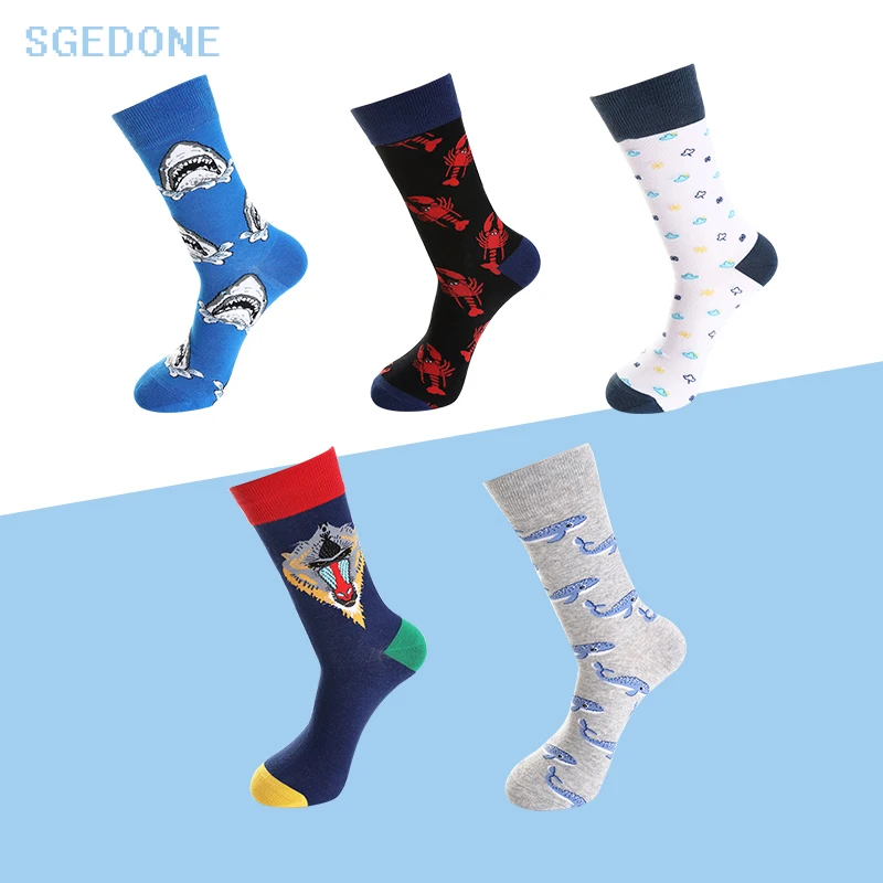 SGEDONE  New Men Women Happy Socks Shark socks Catoon Pattern Hip Hop Street Wear kanye west ins casual crew socks