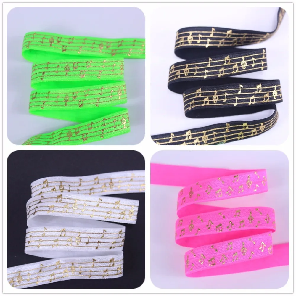 

5/8'' 15mm Gold Foil Musical Note Printed Fold Over Elastic Ribbon For Hair Ties 100Yards