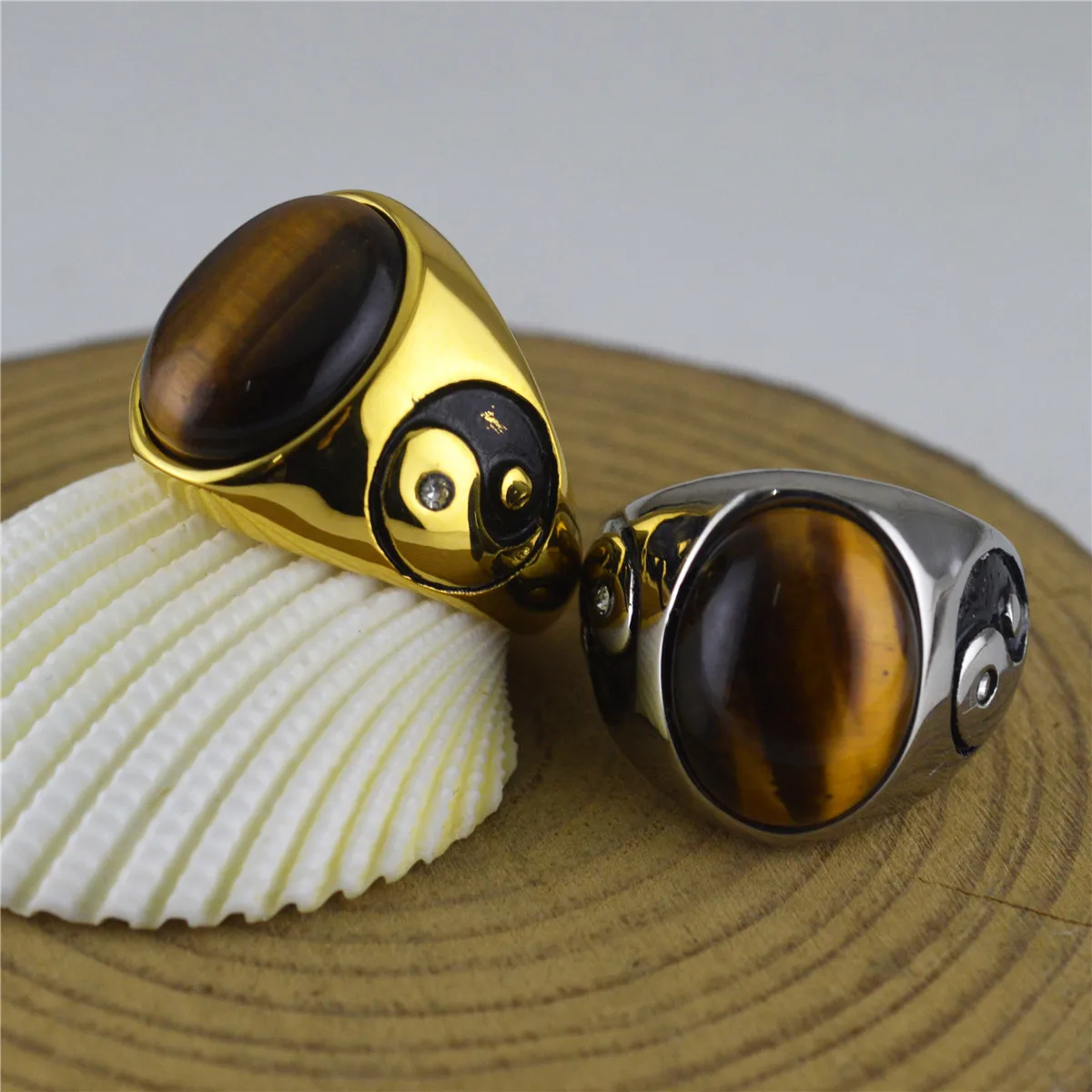 US 7 to 13 size Silver gold Men Oval Tiger Eye Brown Stones with Symbol Ring Stainless Steel Jewelry Mens Accessories Anel Aneis