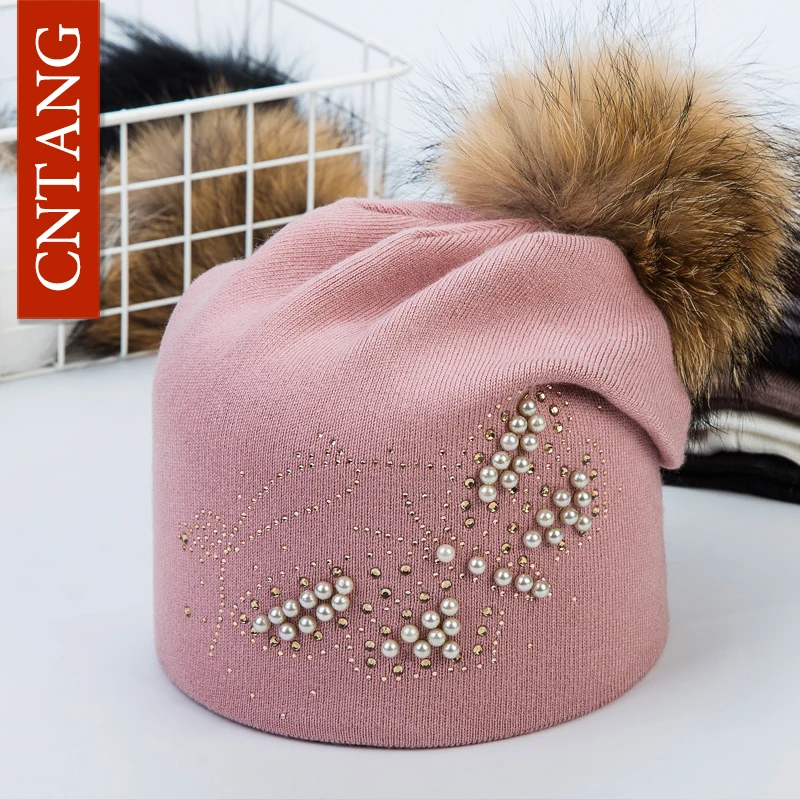 CNTANG 2024 Fashion Pearl Butterfly Women Hats Knitted Wool Beanies Autumn Winter Warm Caps With Natural Fur Pom Pom Ladies Hat