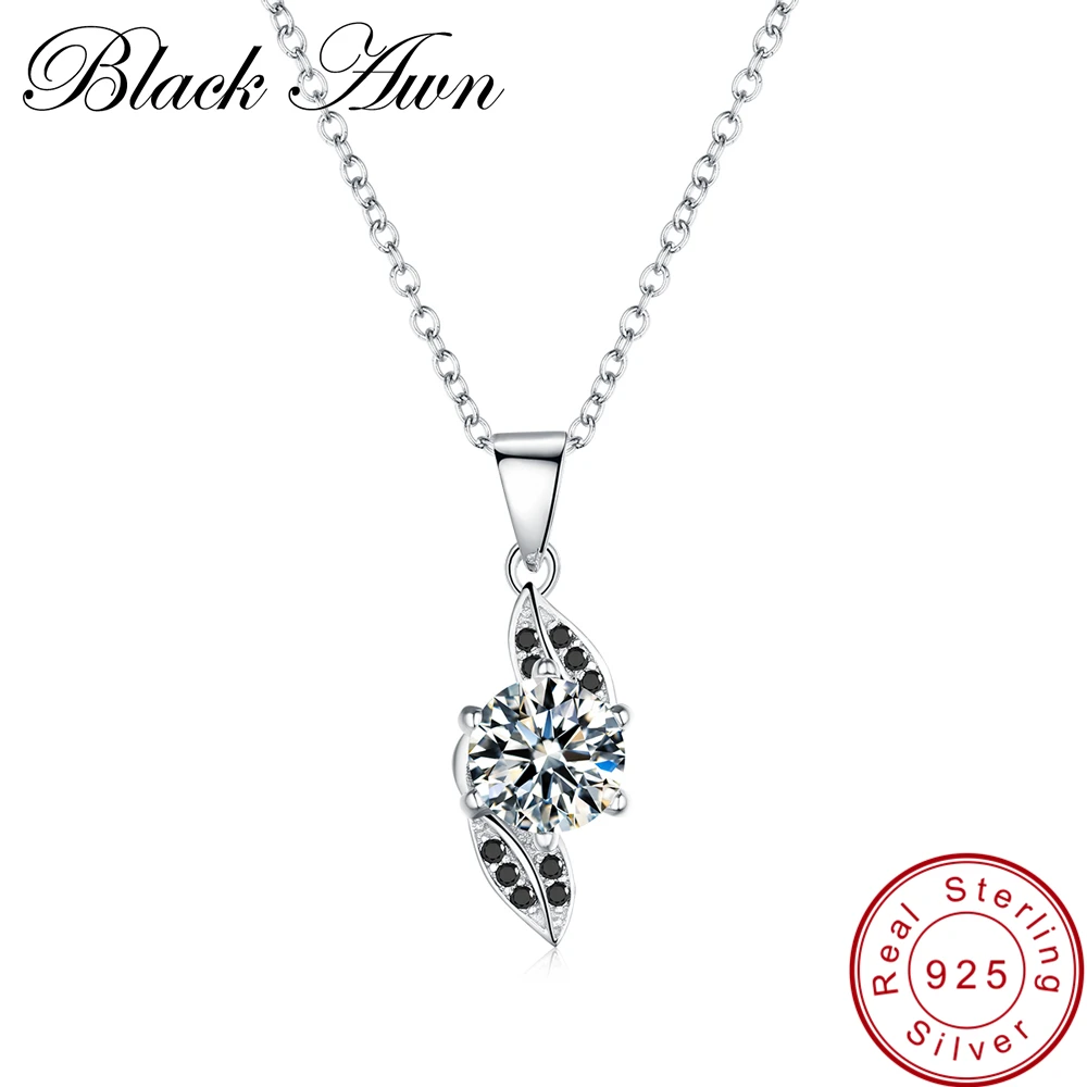 

[BLACK AWN] Vintage Leaf Row Black Spinel Stone Necklaces Pendants for Women Genuine 100% 925 Sterling Silver Jewelry P141