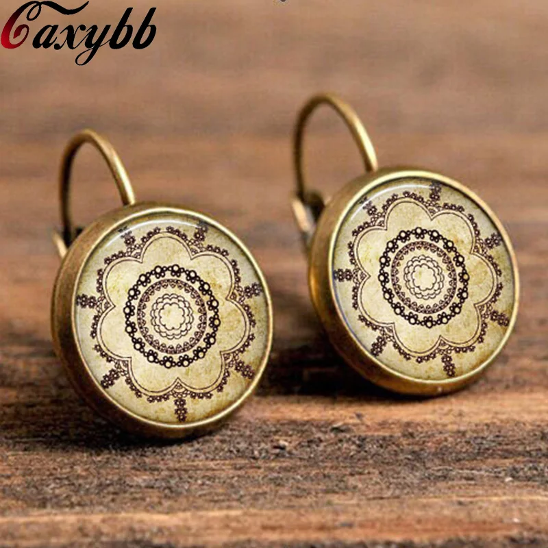 fashion glass cabochon handmade earrings vintage henna yoga tattoo colares femme earring jewelry mandala flower earrings c-e256