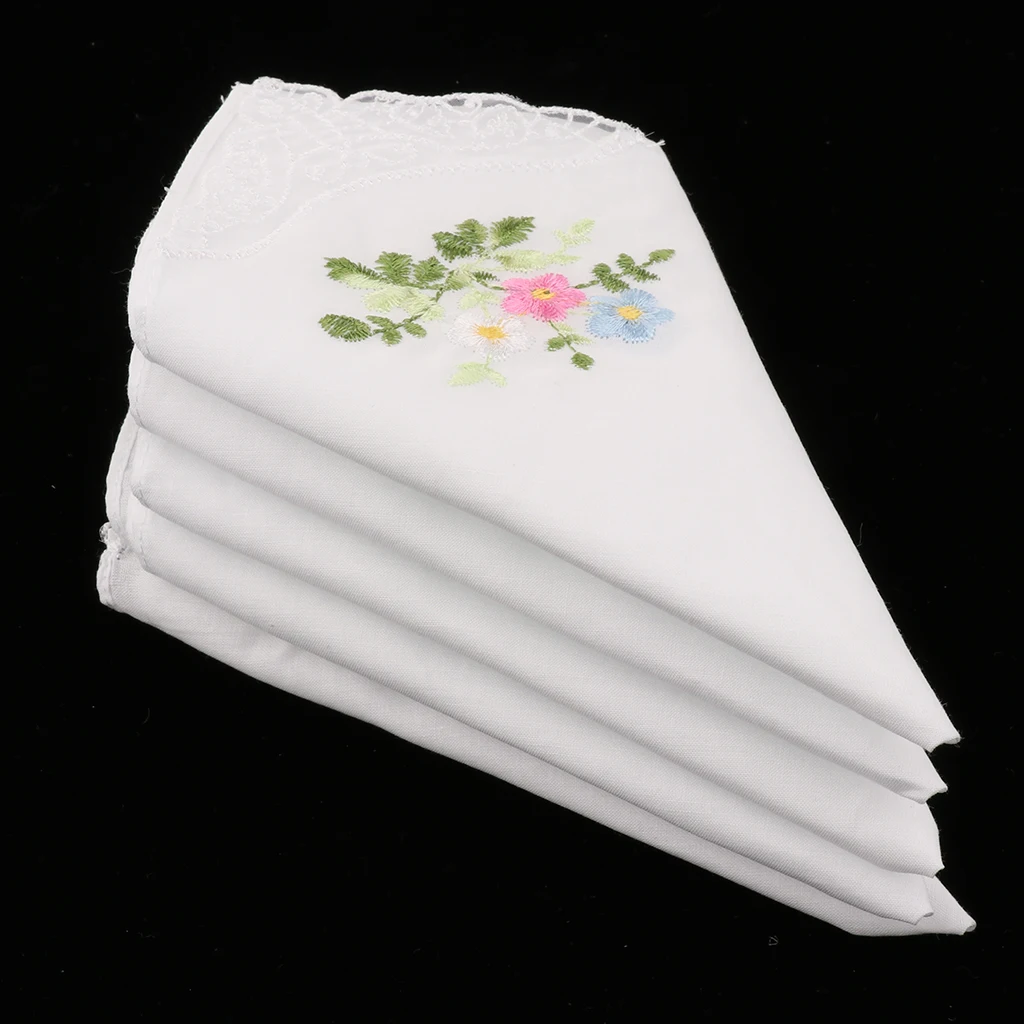 5 Pack Women Ladies Cotton Handkerchiefs Floral Embroidered with Lace Butterfly Edge