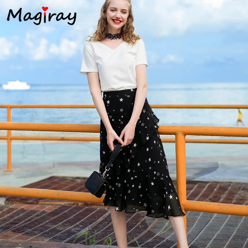 Magiray Stars Print Chiffon Long Skirts Womens Elastic High Waist Ruffle Midi Skirt Summer 2018 A Line Floral Black C478