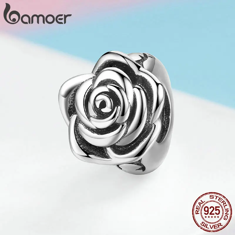 BAMOER Romantic New 925 Sterling Silver Rose Flower Buds Beads fit Charms Bracelets DIY Beads Sterling Silver Jewelry SCC1101