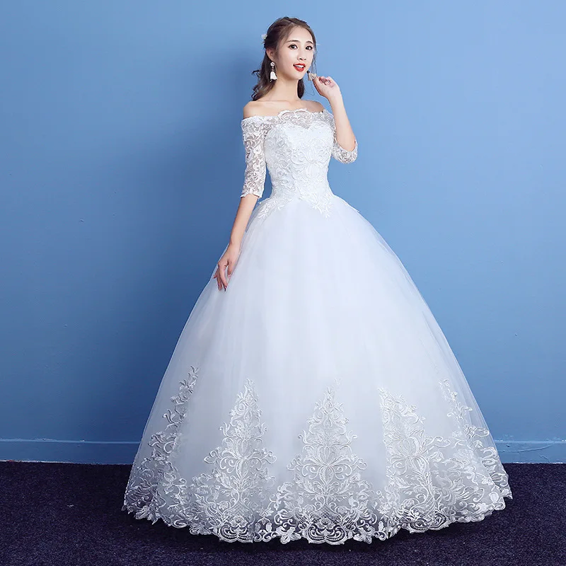 Robe De mariée classique en dentelle, manches mi-longues, col bateau, épaules dénudées, application personnalisée, nouvelle collection 2021