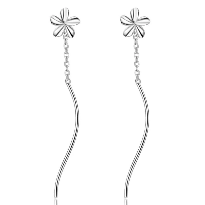 KOFSAC Fashion 925 Sterling Silver Earrings For Women Simple Five Petals Flower Earring Plain Flowers Wavy Long Ear Line Jewelry