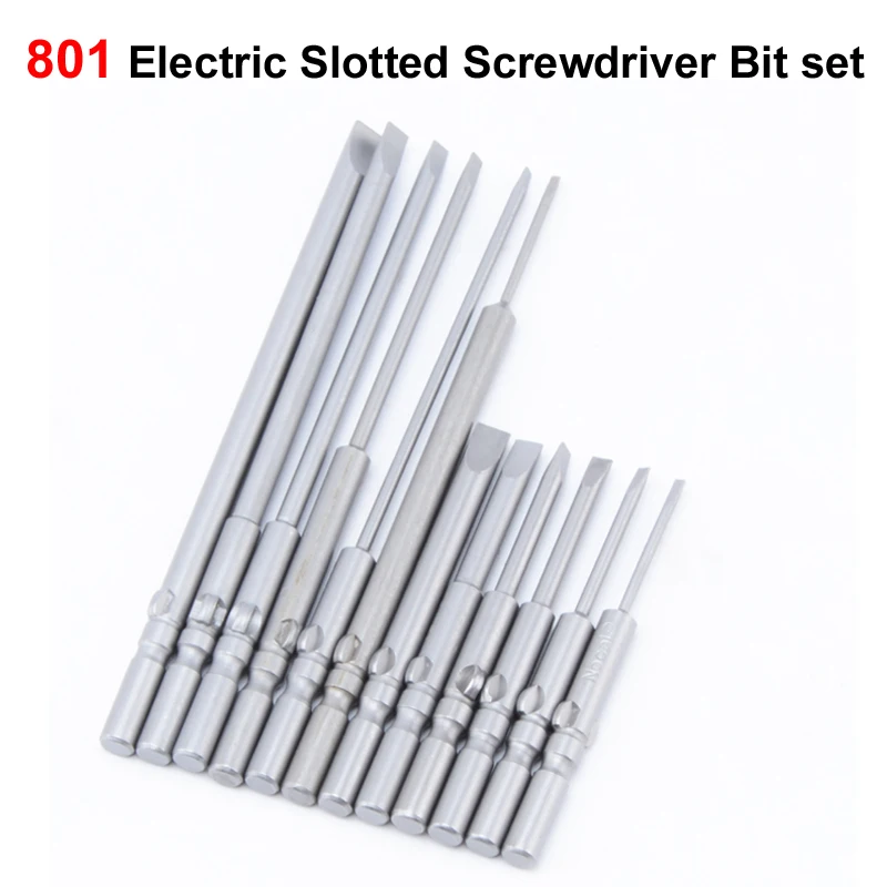 12pcs/lot Round 5mm Shank 801 Electric Slotted Screwdriver bit set Parts 60mm & 100mm long Size 1.6mm 2.0mm 2.5mm 3mm 4mm 5mm