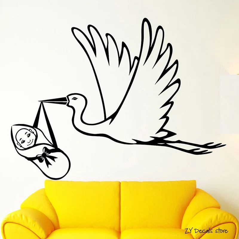 Birth Maternity Hospital Family Vinyl Wall Decals Stork With Baby Wall Sticker For Bedroom Home Decoration Art Mural L420