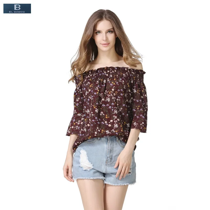 [EL BARCO] 2017 Sommer Baumwolle Leinen Slash-ausschnitt Frauen Chiffon Bluse Shirts Floral-Print Schmetterling-hülse Dame Vintage Casual Top