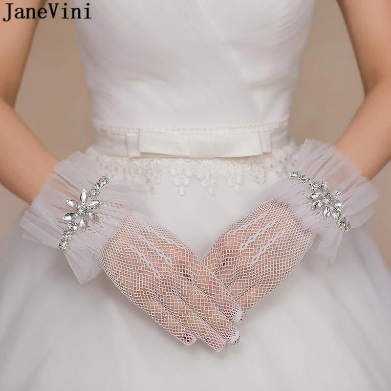 JaneVini 2018 Hohe Qualität Spitze Weiß Braut Handschuhe Volle Finger Frauen Kurze Handschuhe Kristall für Hochzeit Handgelenk Länge Guanti Pizzo