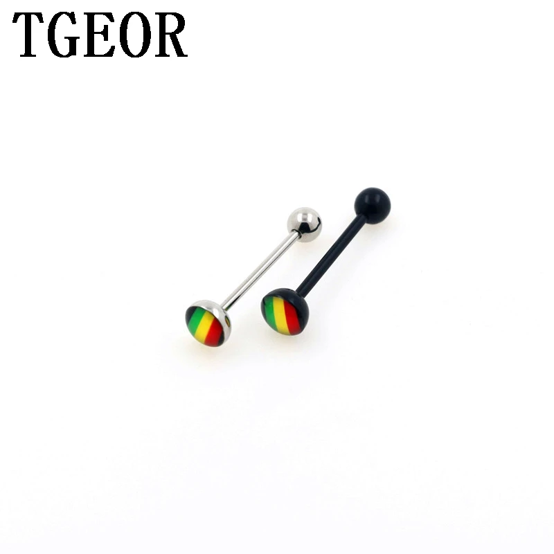 wholesale body jewelry rasta reggae acrylic tongue ring 14G 10pcs surgical Stainless Steel piercing tongue barbell free shipping