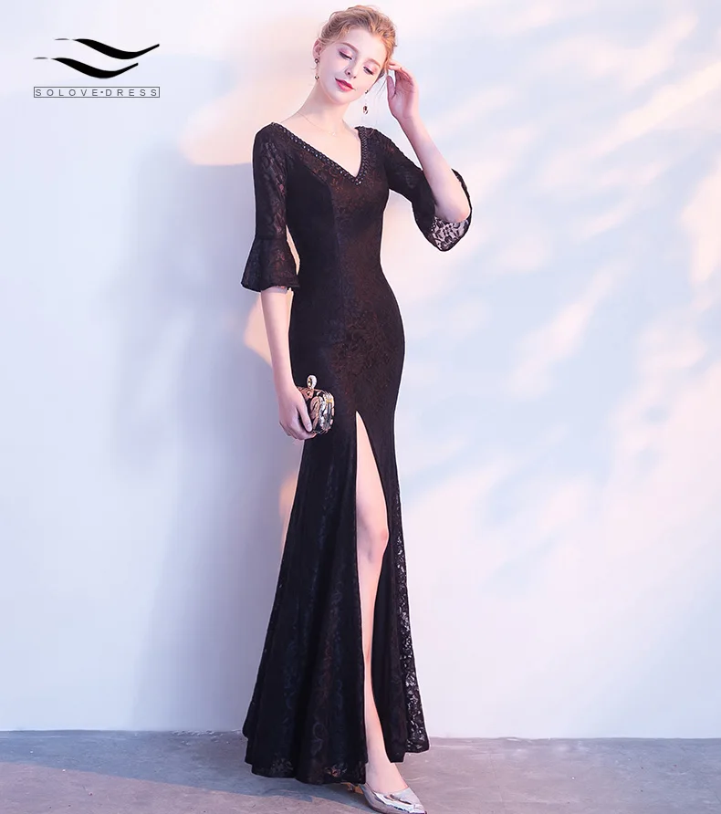 SOLOVEDRESS – Robe de soirée élégante en dentelle, longueur au sol, manches à volants, décolleté en V profond, fente latérale, style sirène noire, modèle de SoireeSLD-S010