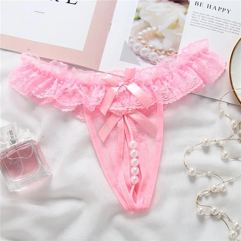 women\'s underwear Opening Crotch Pearls Thongs G-String transparent sexy panties female lace low-waist Crotchless briefs Women