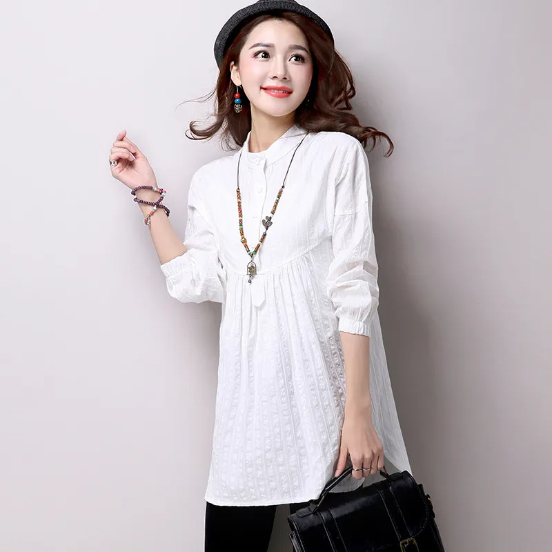 2019 Spring Autumn Women White Blouse Tops Casual Solid Cotton Linen Shirts Female Long Sleeve Shirt Blusas Plus Size 2XL AB1357