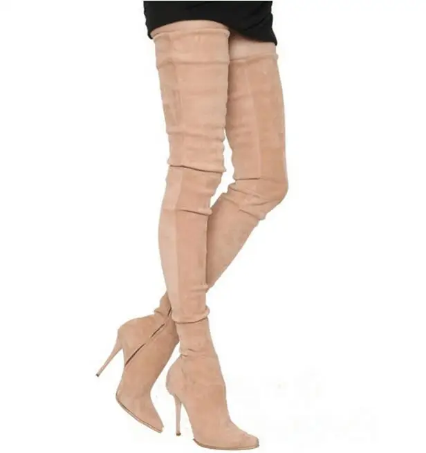 Hot Selling Beige Grijs Suède Over De Knie Laarzen Wees Hoge Hak Kant Rits Strakke Hoge Laarzen Vrouwen Lange laarzen