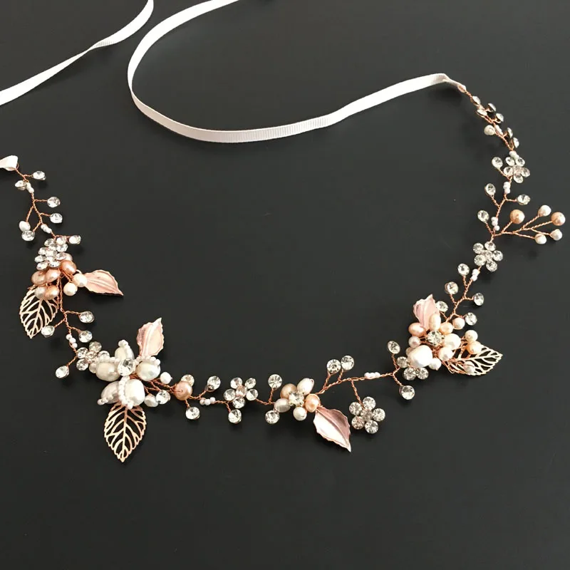 

Floralbride Rose Gold Color Rhinestones Crystals Freshwater Pearls Wedding Headband Bridal Hair Vine Hair Accessories