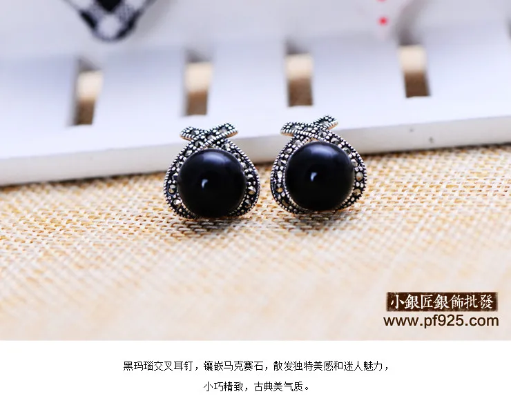 s925 pure silver jewelry wholesale retro black onyx earrings female models Mark Race shipping