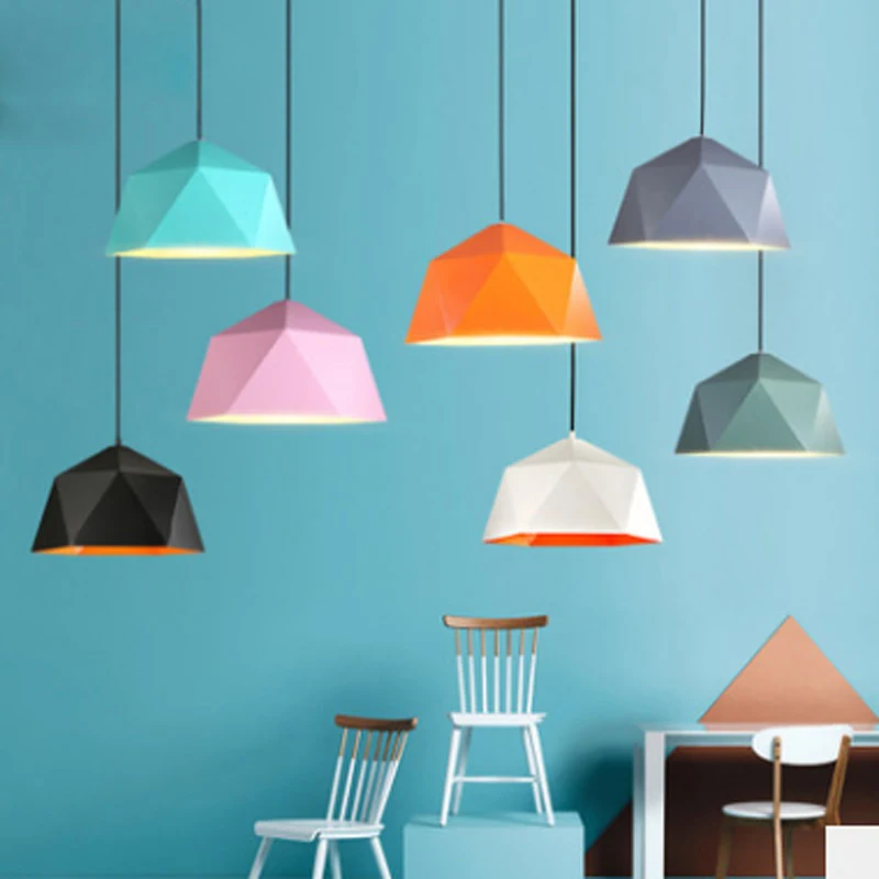 

Nordic Minimalist Polygon Single Pendant Lamp Modern Dining Room Bedroom Living Room Pink Orange Decor LED E27 Lighting Fixture